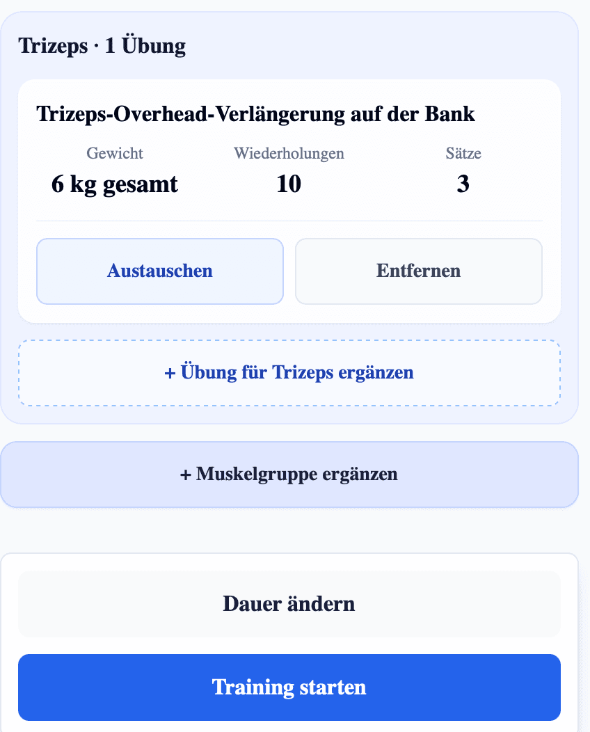 Anpassbarer Trainingsplan mit Schaltfläche zum Starten des Trainings