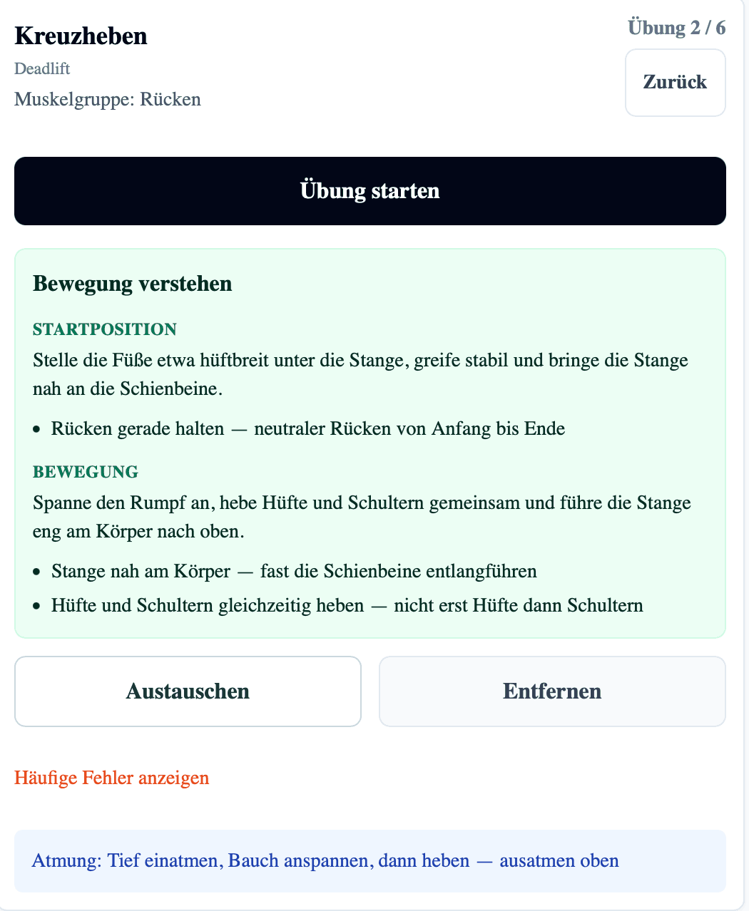 Übungserklärung mit Bewegungsablauf, aufklappbaren Fehlerhinweisen, Atemanweisung und Austauschmöglichkeit