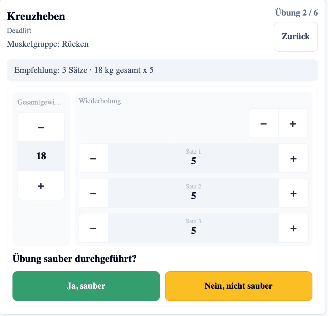 Einfache Trainingsdokumentation für Gewicht, Sätze, Wiederholungen und Ausführungsqualität