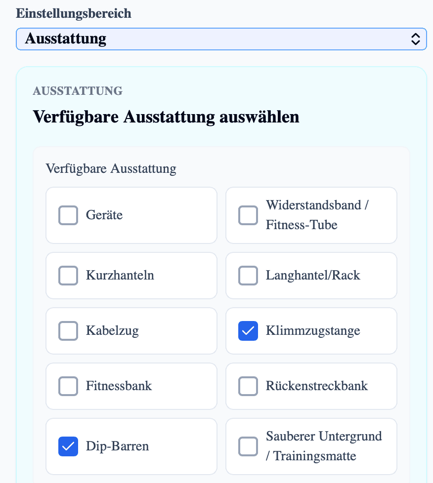 Auswahl der am Trainingsort verfügbaren Geräte und Ausstattung
