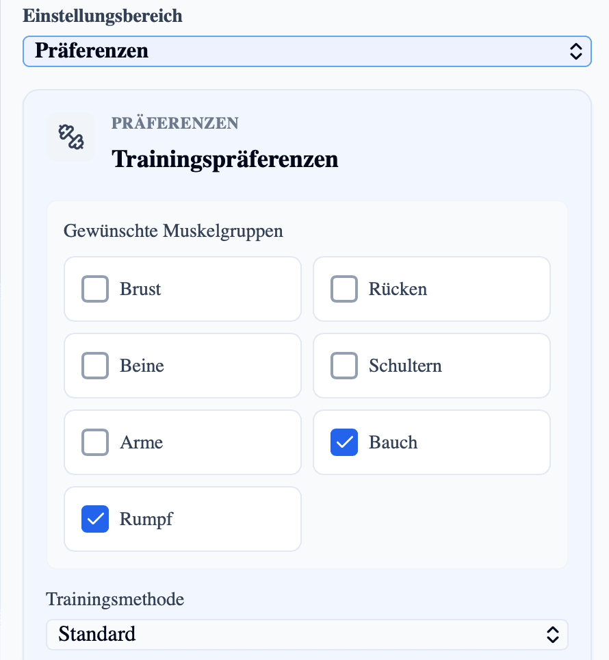 Einstellungen für gewünschte Muskelgruppen