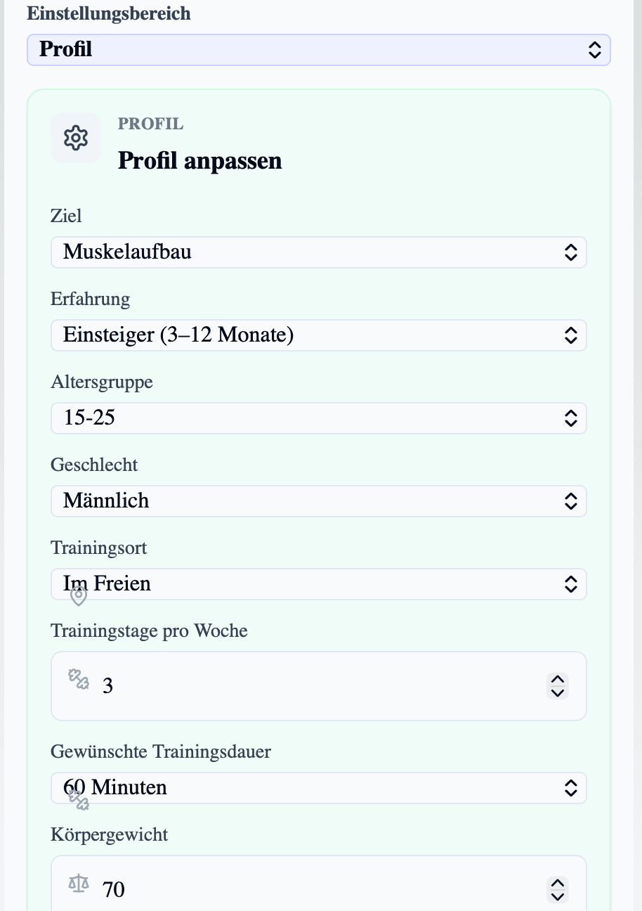 Profileinstellungen für Trainingsziel, Erfahrung, Trainingsort, Trainingstage und Trainingsdauer